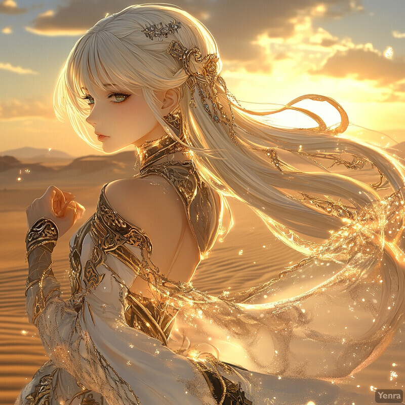 A serene and majestic woman stands in front of a breathtaking sunset over a body of water.