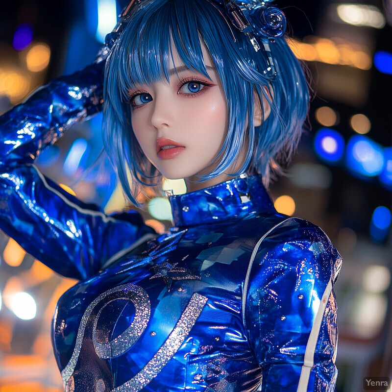 A woman in a blue latex outfit poses in front of a blurred city background.