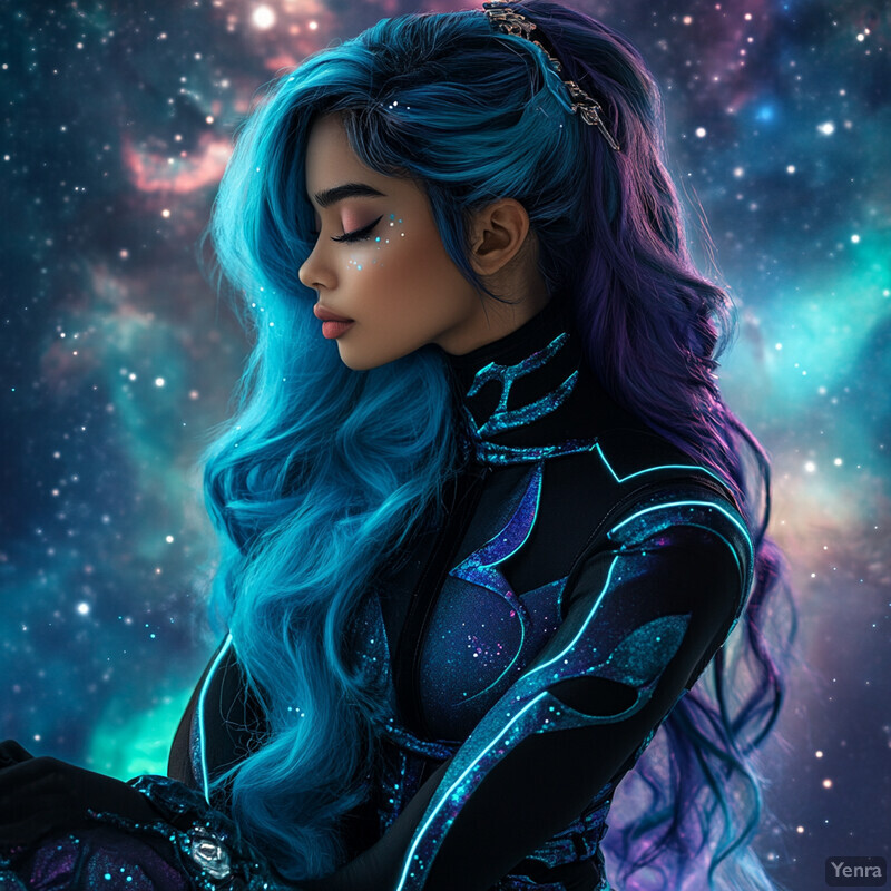 A woman with blue and purple hair, wearing a starry-patterned bodysuit, poses in front of a nebula-inspired backdrop.