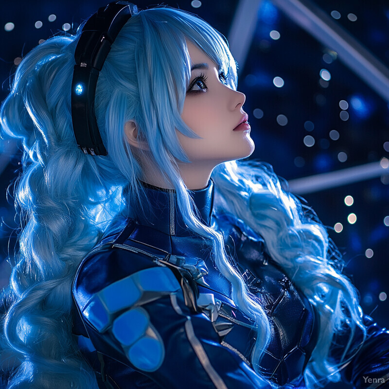 A woman with blue hair and dark clothing poses in front of a nighttime cityscape