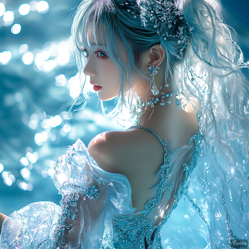 A woman with long hair and an elaborate hairstyle stands in front of a blurred outdoor background, wearing a stunning light blue dress with intricate embroidery.