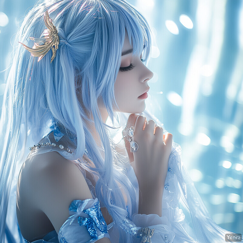 A serene portrait of a young woman with blue hair, dressed in white, set against a blurred forest background.