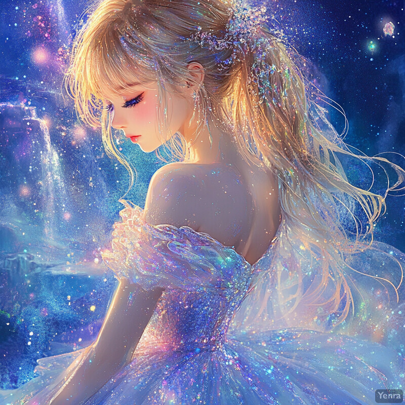 A serene and ethereal scene of a woman in a sparkling dress against a starry night sky.