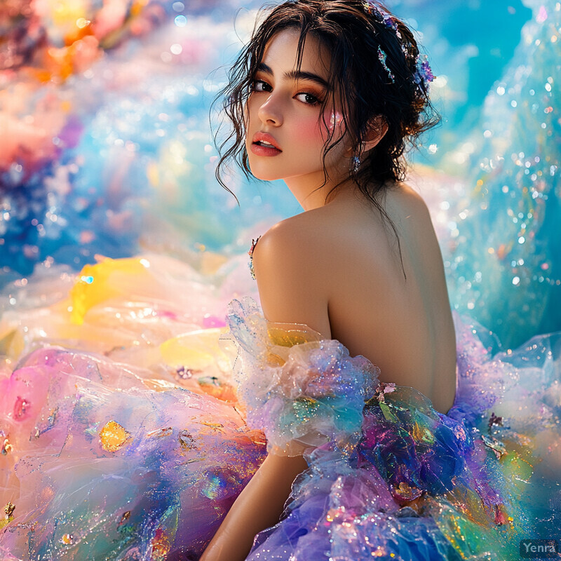 A young woman with dark hair and fair skin poses in front of a colorful floral backdrop, wearing an opulent ball gown.