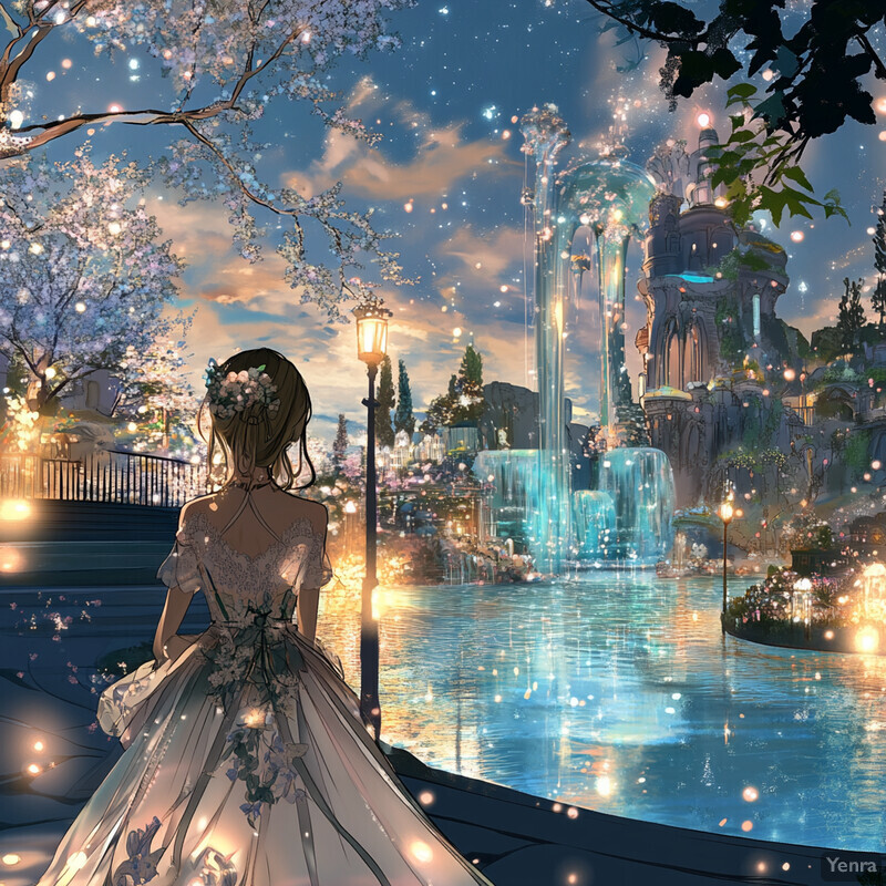 A woman in a white dress stands on a bridge overlooking a body of water with a castle-like structure in the background.