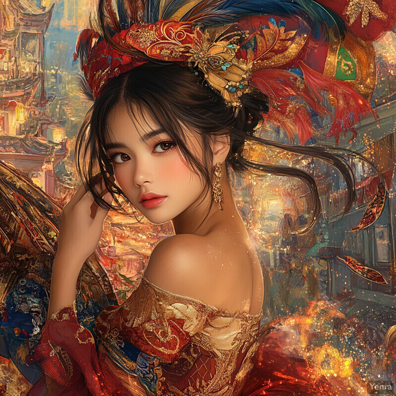 A woman in an ornate red and gold dress with a feathered headdress stands in front of a blurred cityscape.