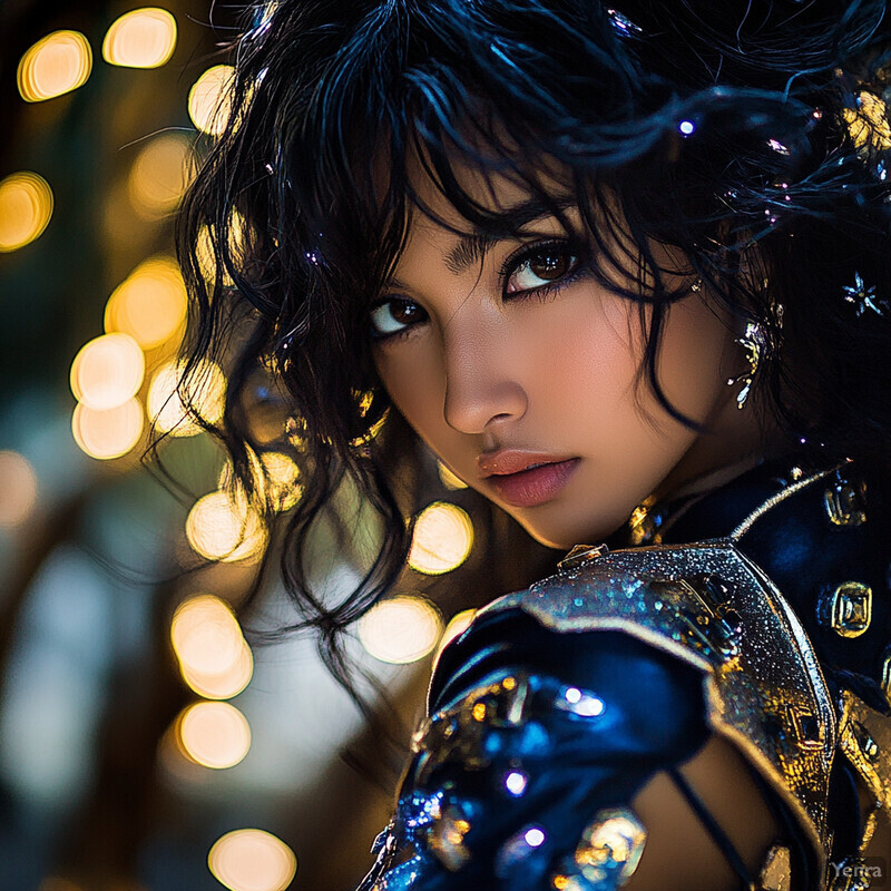 A close-up photograph of an Asian woman with long black hair and bangs, wearing a shiny blue top in front of a blurred city street or alleyway at night