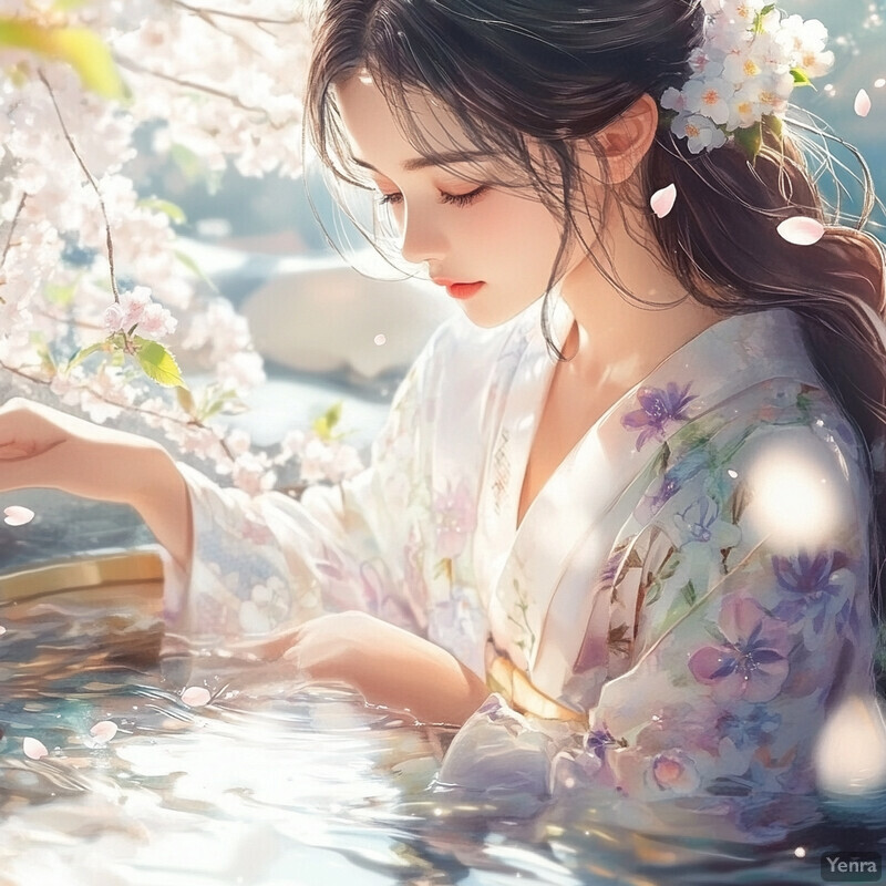 A woman in a floral kimono sits by a body of water surrounded by blooming cherry blossoms.