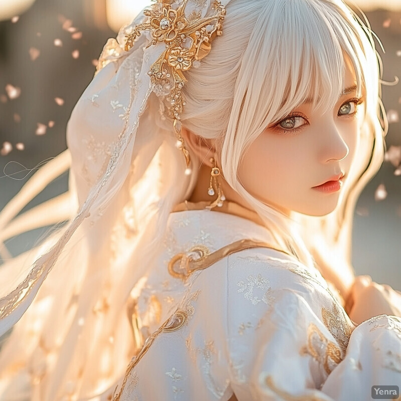 A serene and elegant scene of a woman in a white dress with intricate gold embroidery, set against a blurred outdoor background.