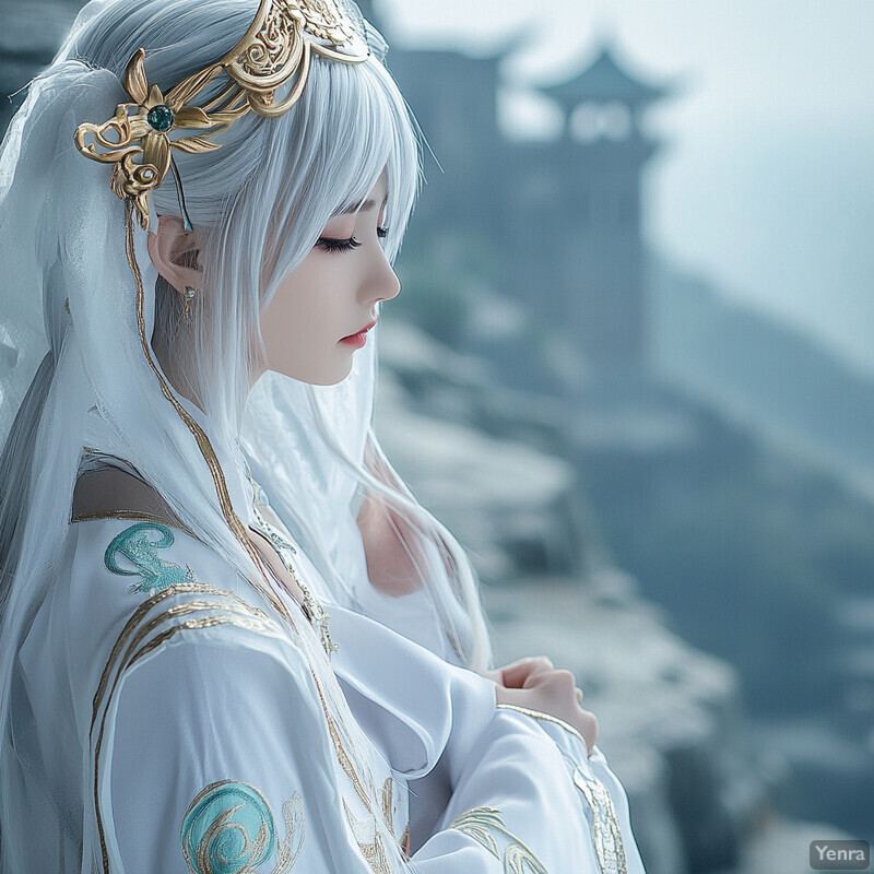 A woman with long white hair wearing a white robe adorned with gold and blue accents, gazing downward.