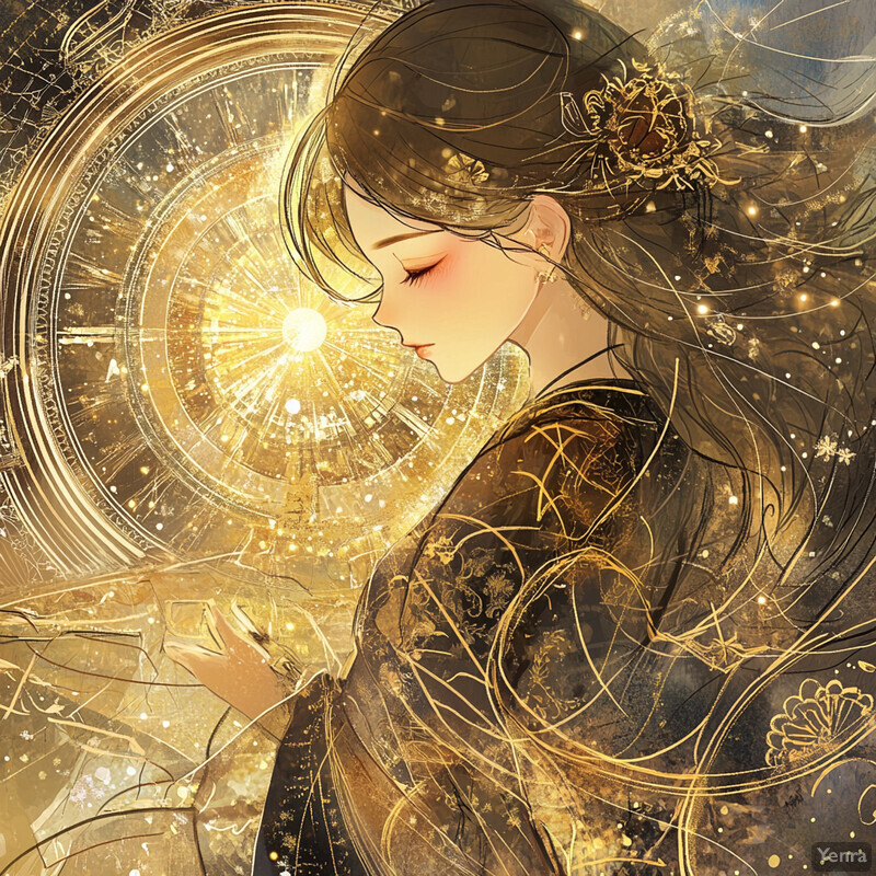 Anime-style woman with long brown hair and gold accents