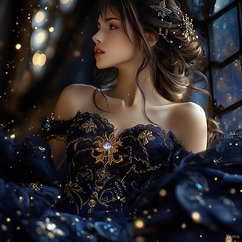 A young woman in a blue dress with gold embroidery, posing in front of a blurred indoor background.