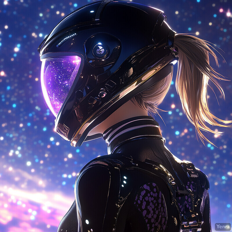 A woman in a futuristic outfit and helmet gazes up at a starry night sky.