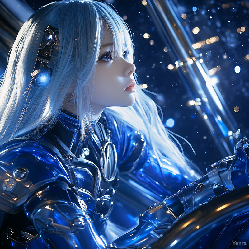 A futuristic woman with long white hair and blue eyes, dressed in a metallic bodysuit with intricate details.