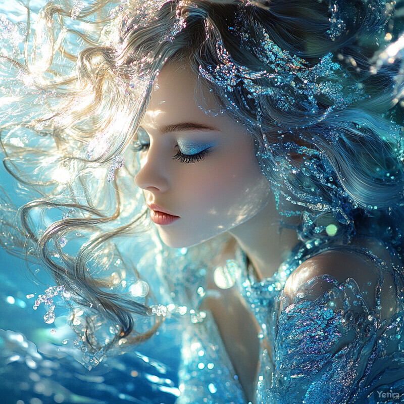 A serene and ethereal scene of a woman with long, flowing hair, seemingly underwater.