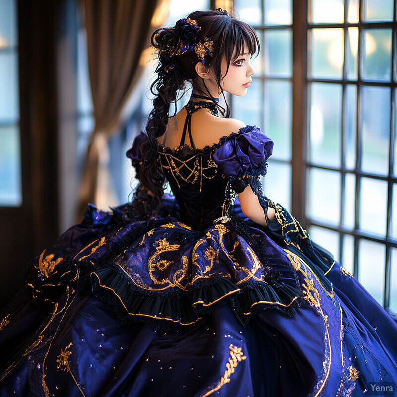 A young woman in a dark-colored ball gown gazing out the window