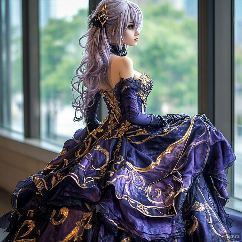 A woman with long purple hair wears a royal blue mermaid-style dress with gold embroidery.