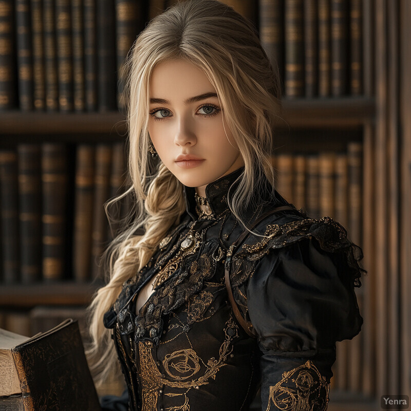 A woman stands in front of a bookshelf, surrounded by books and papers.