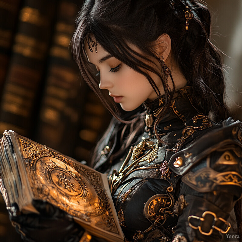 A young woman in ornate armor reads from an illuminated manuscript.