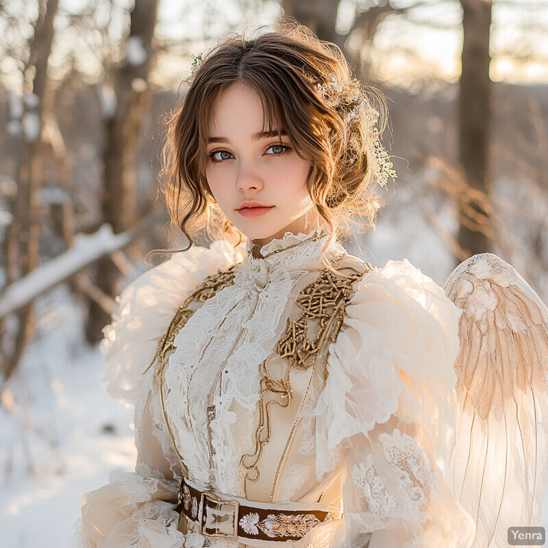 A young woman with fair skin and brown hair stands in front of a snowy forest background, wearing a white dress with intricate embroidery and a gold belt.