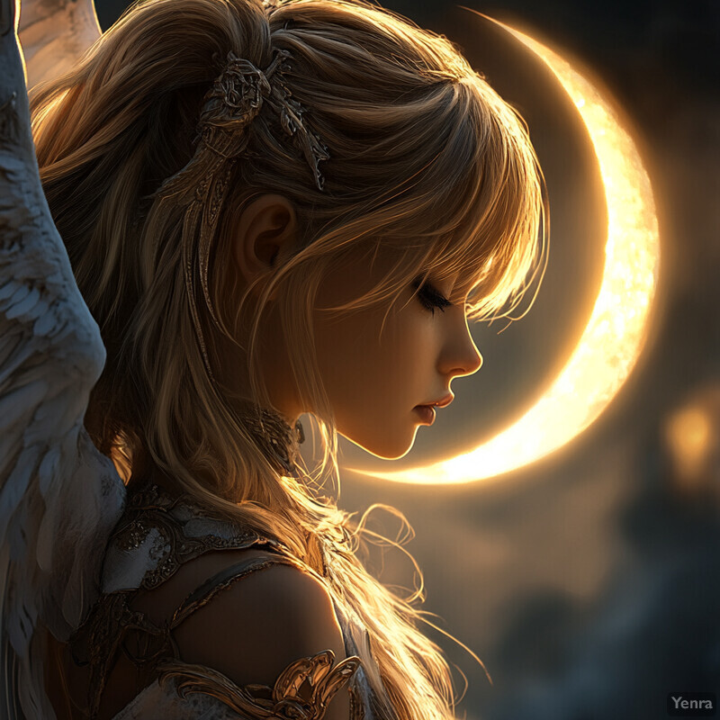 A serene and peaceful image of an angelic figure standing in front of a crescent moon.