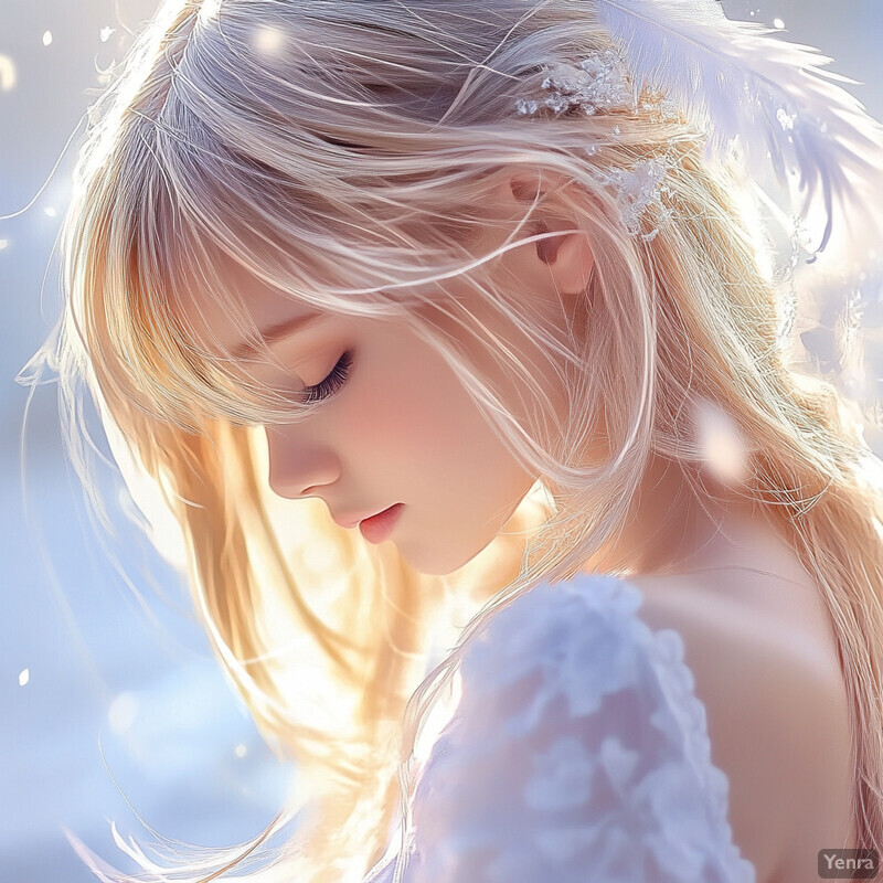 A serene and ethereal scene featuring an angelic woman with long blonde hair and white gown.