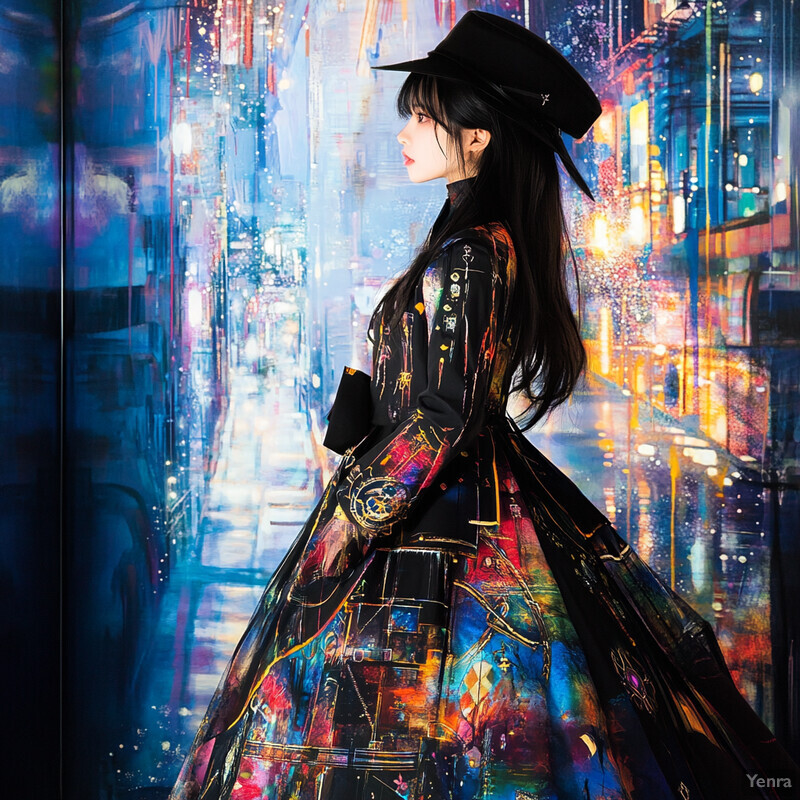 A woman in a colorful abstract dress poses against a blurred cityscape background at night