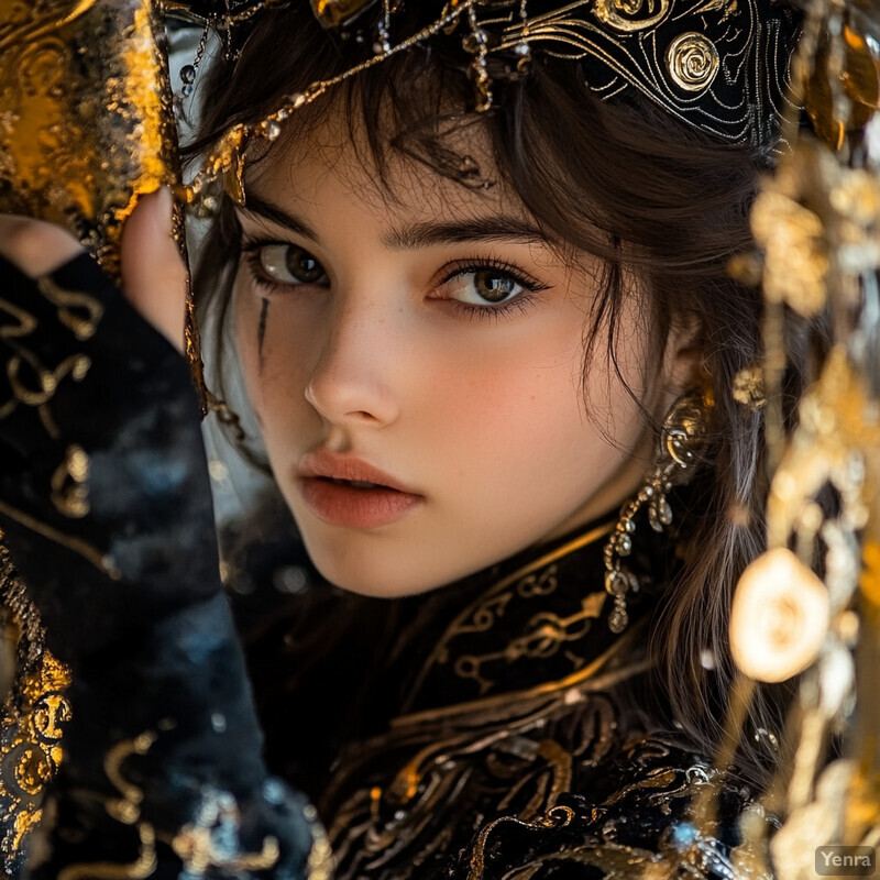 A young woman with fair skin and brown hair wears a black dress with gold embroidery, posing for the camera.