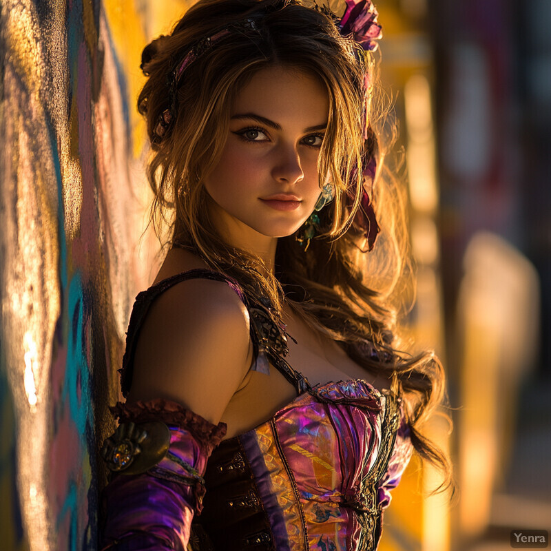 A young woman with long brown hair stands confidently in front of graffiti-covered walls, dressed in an iridescent corset top and flowing sleeves.