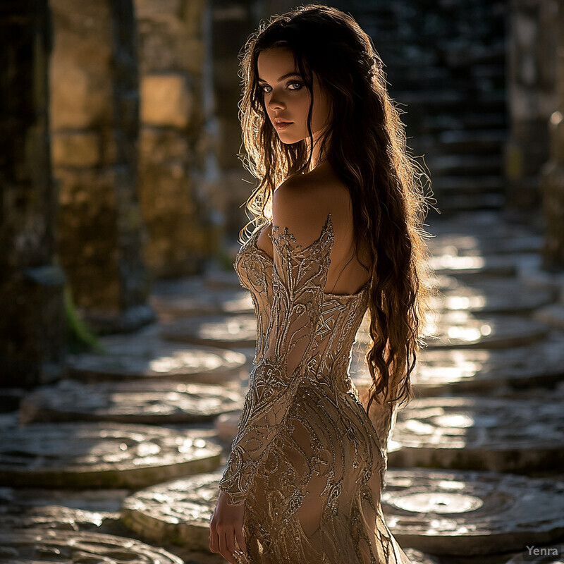 A woman stands confidently in front of a stone wall, wearing a white dress with long brown hair.