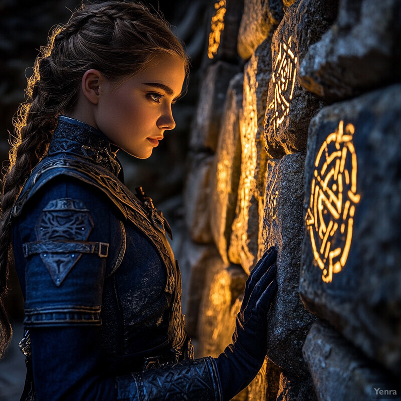 A young woman in medieval attire sits against a stone wall, gazing directly at the camera with a neutral expression.