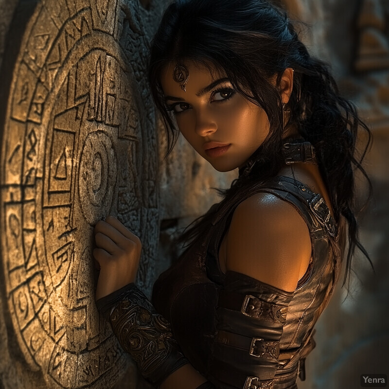 A woman in fantasy armor stands in front of an ancient stone wall with intricate carvings.