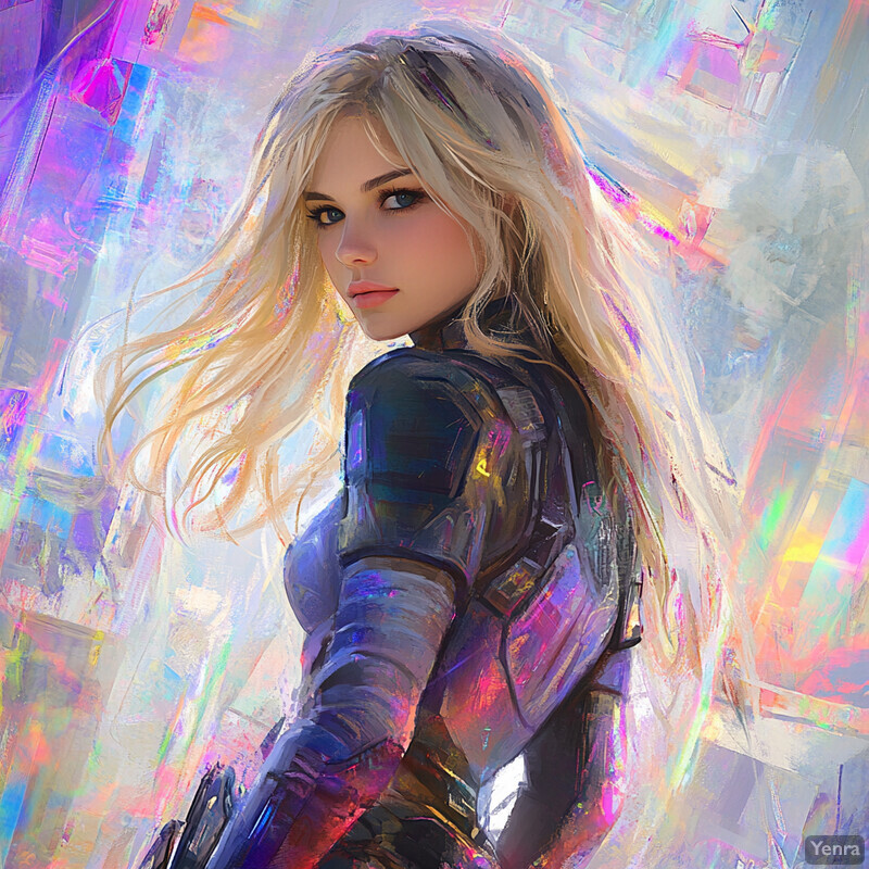 A woman with long blonde hair and blue eyes wears a futuristic outfit in a pastel-colored environment.