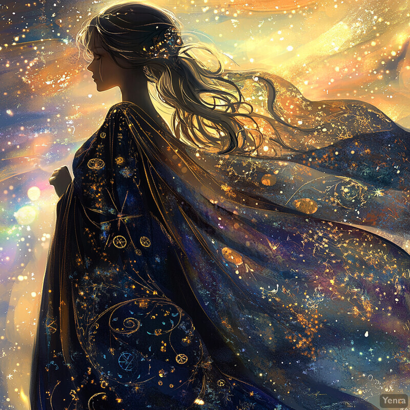 A woman with long hair and a flowing cloak stands confidently in front of a swirling vortex of colors, exuding an aura of power and control.