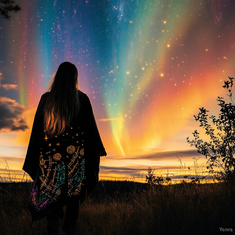 A woman stands in a field, gazing at the night sky ablaze with vibrant colors.