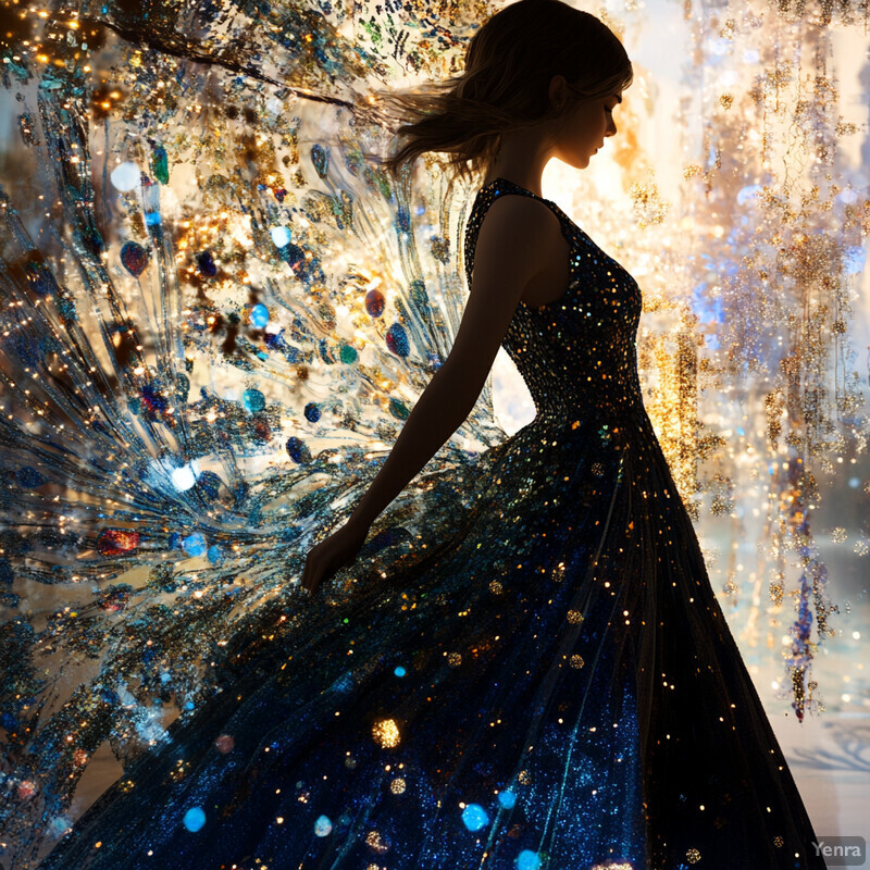 A woman in a blue gown with peacock-inspired details moves towards the right side of the frame against a blurred cityscape background.