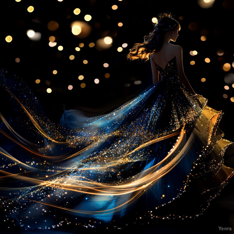 A woman in a blue and gold dress surrounded by an ethereal glow, creating a serene and enchanting atmosphere.