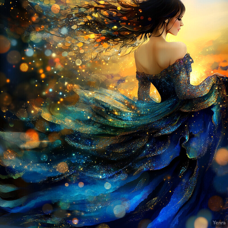 A woman in a blue dress with long dark hair, gazing out at something beyond the horizon.