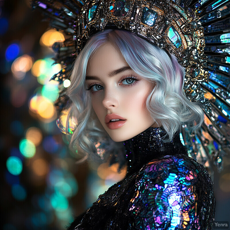 A woman with striking silver hair and blue eyes, wearing a black turtleneck dress with iridescent sequins, and adorned with a majestic headdress featuring large gemstones.