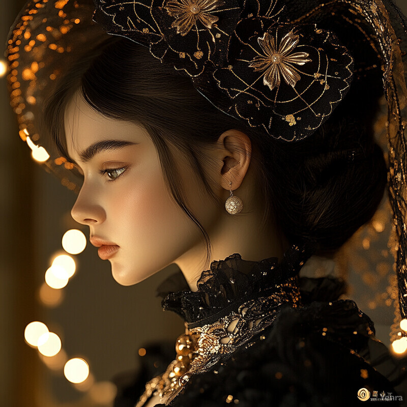 An enigmatic woman with dark hair and green eyes, adorned in a black dress with gold embroidery.