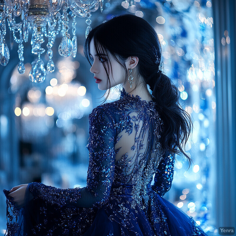 A woman in a royal blue gown with sequins and beads poses in front of a blurred background.