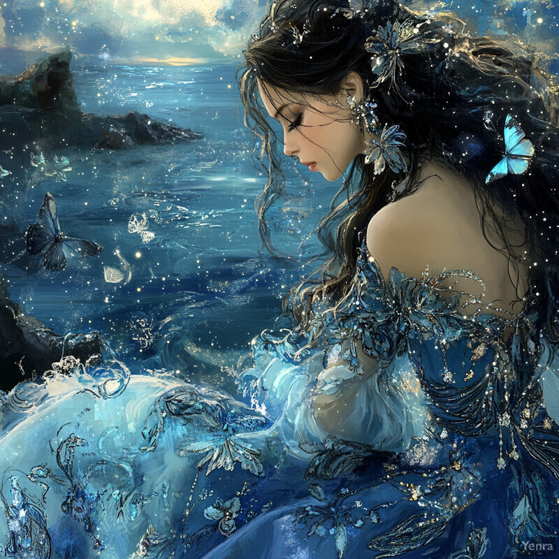 A serene outdoor setting featuring a woman surrounded by butterflies in a blue dress