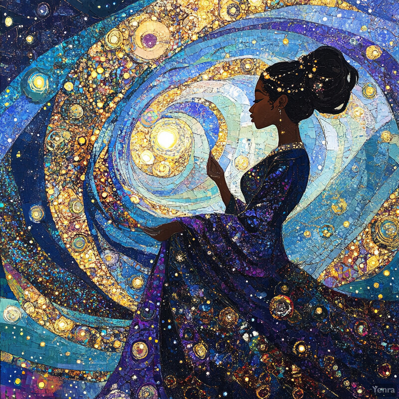 A digital artwork featuring an African American woman in a celestial setting