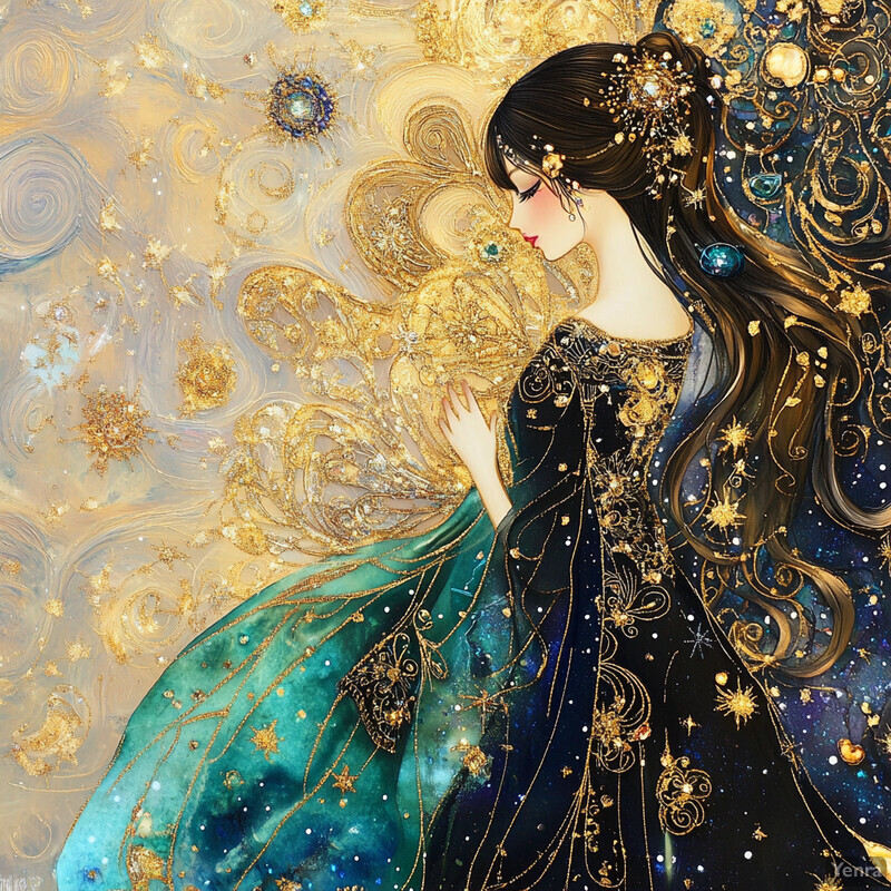 A mystical woman holds a glowing crystal ball against a starry sky backdrop.