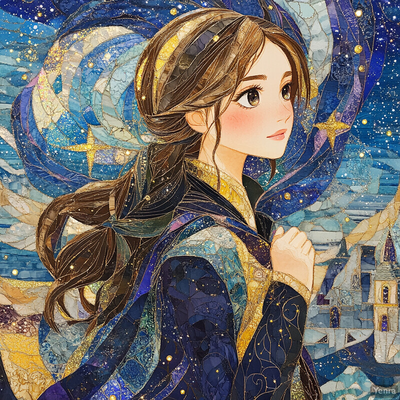 Anime-style woman with long brown hair and pale skin gazing upwards at celestial bodies