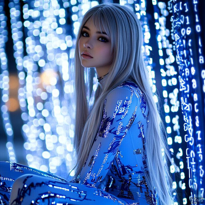 Celestial Cipher Cosplay sits in front of blue and white lights, wearing a sequin-like bodysuit