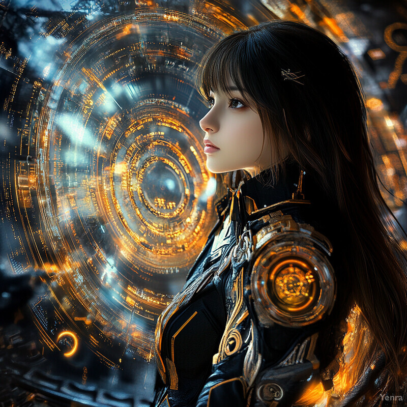 A woman in a black leather jacket stands in front of an abstract circular design, set against a futuristic backdrop.