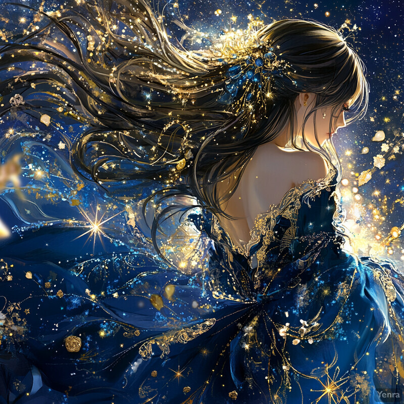 A woman with long hair and a blue dress surrounded by celestial elements