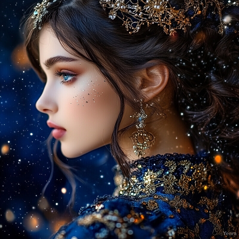 A woman with long dark hair and gold jewelry gazes to her left against a blue background.