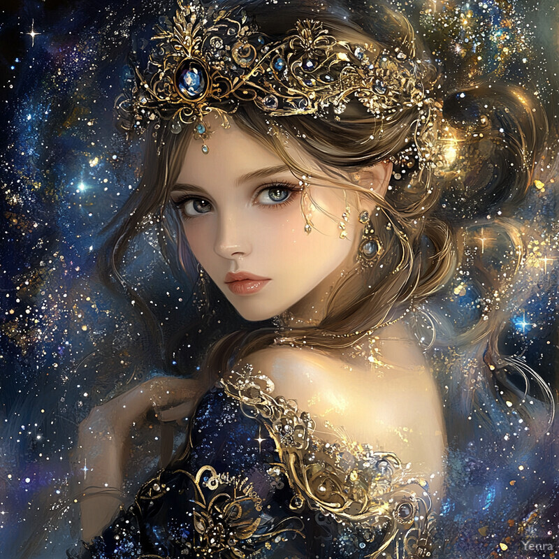 A woman with long brown hair wearing a gold and blue crown, set against an ethereal backdrop.